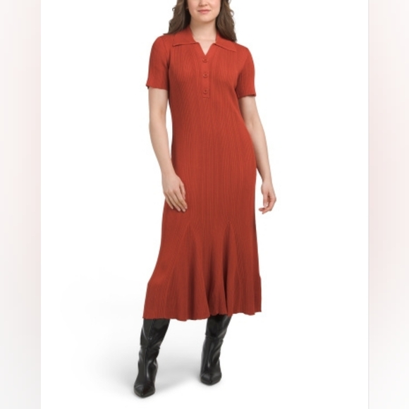 julia jordan Dresses & Skirts - NWT - Julia Jordan Rust Ribbed Knit Collared Quarter Button Midi Dress - Size XL